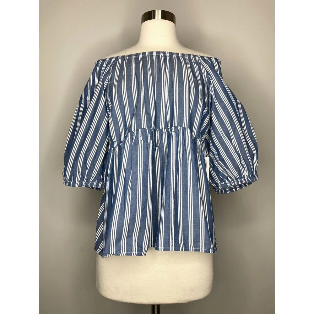 Old Navy Top Women Size Small Blue‎ White Stripe NWT Empire Waist Puff Sleeve